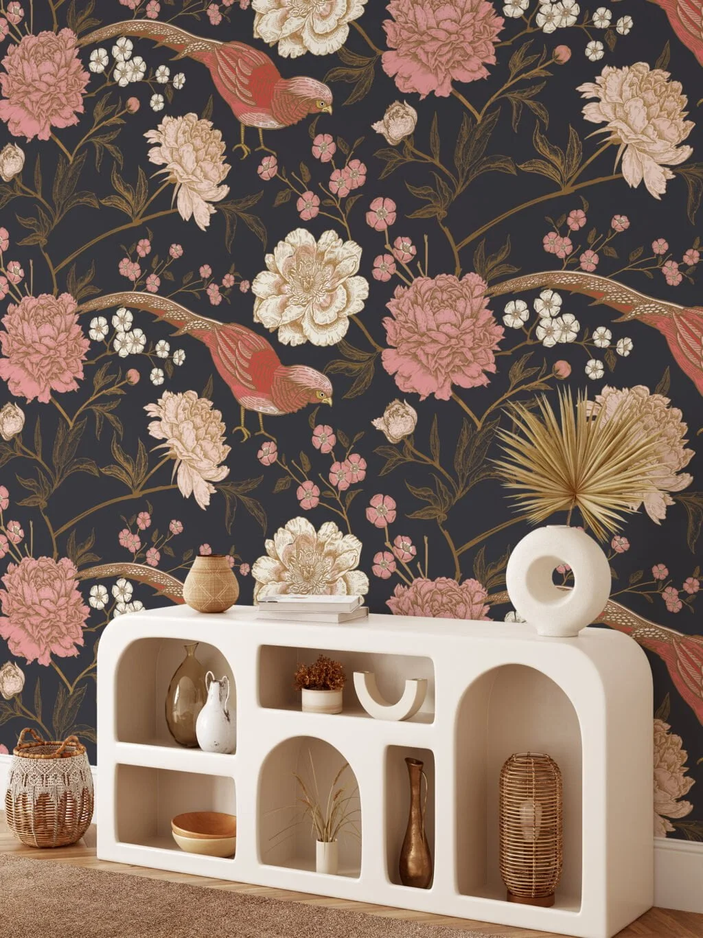 Traditional Style Floral Wallpaper With Rose Pink Birds and A Dark Background Wallpaper, Vintage Elegant Peel & Stick Wall Mural