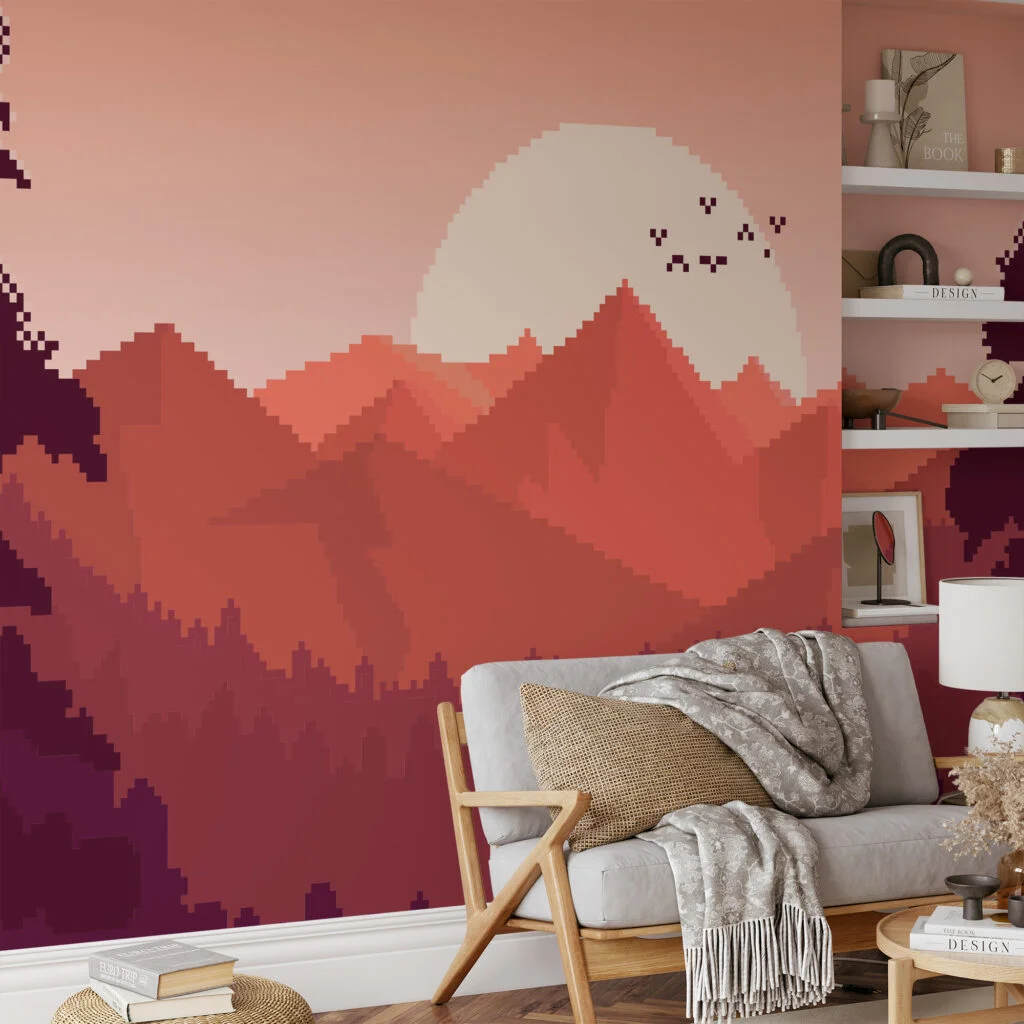 Pixel Art Sunset And Mountains Wallpaper With Birds, Pixel Sunset Mountain Peel & Stick Wall Mural