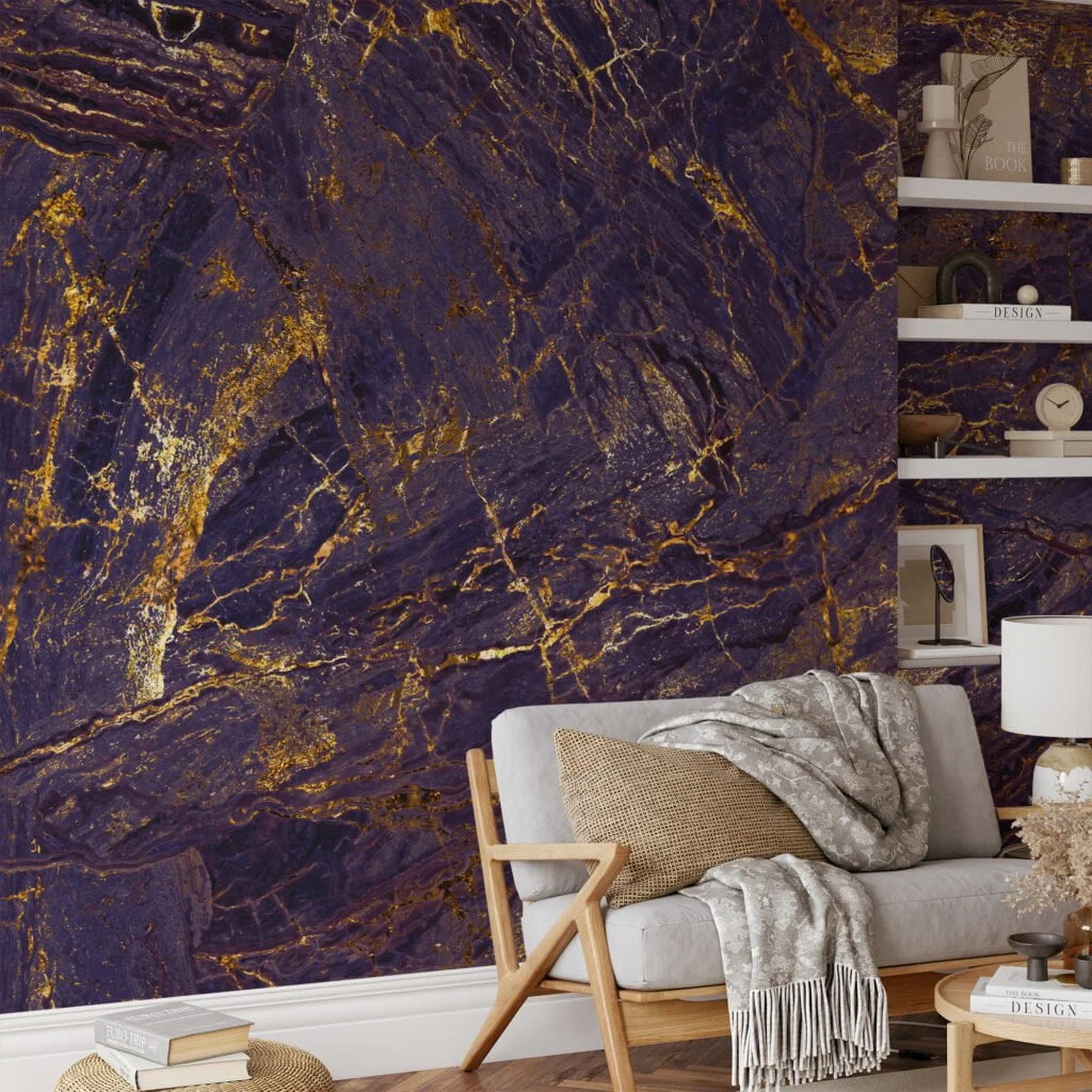 Bright Contrasted Stone Textured Wallpaper, Luxe Gold Veined Marble Peel & Stick Wall Mural