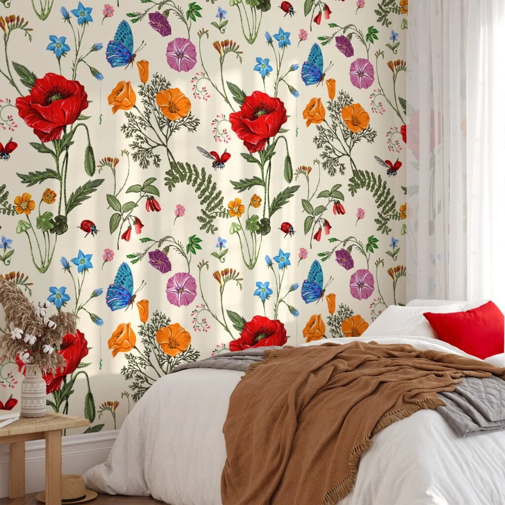 Floral Illustration With Bugs Wallpaper, Vintage Garden Symphony Peel & Stick Wall Mural