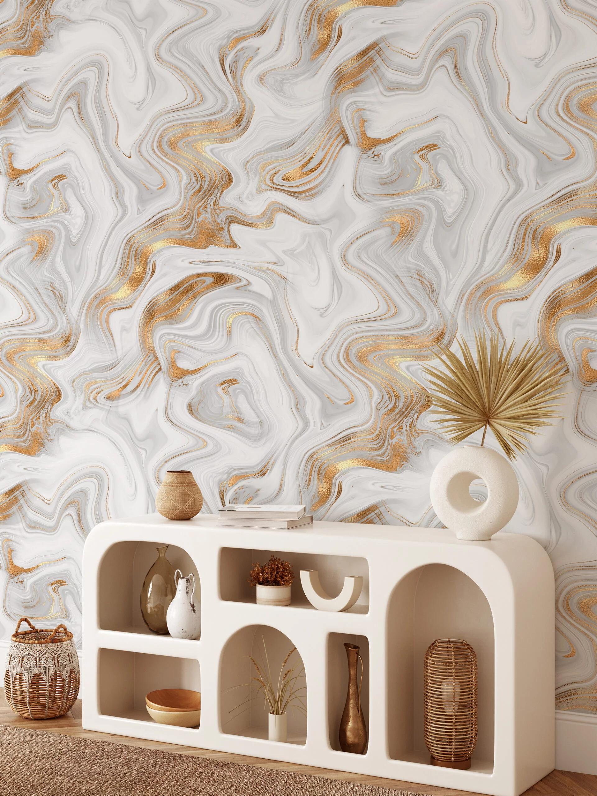 Abstract White And Gold Swirls Wallpaper, Luxe Marble Peel & Stick Wall Mural