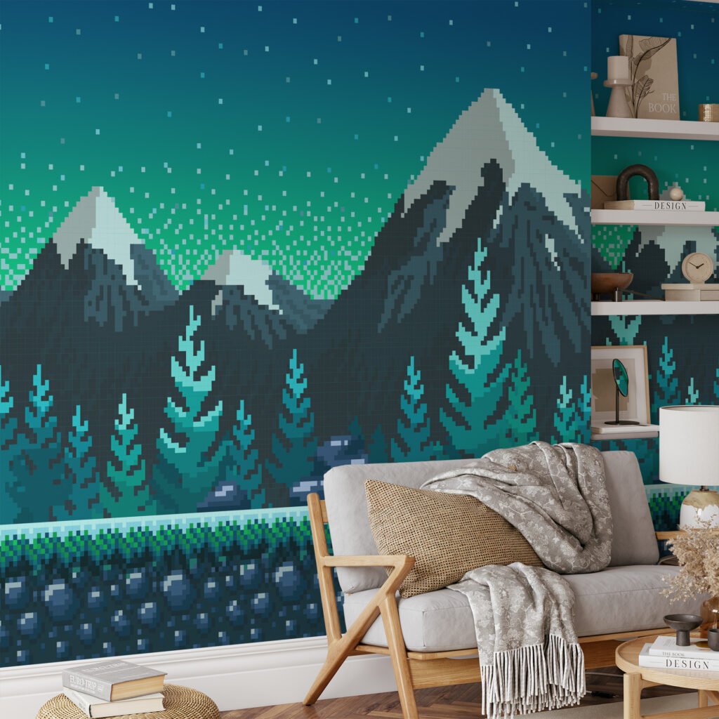 Pixel Art Snowy Mountains And Trees Wallpaper, Pixelated Mountain Peaks Peel & Stick Wall Mural