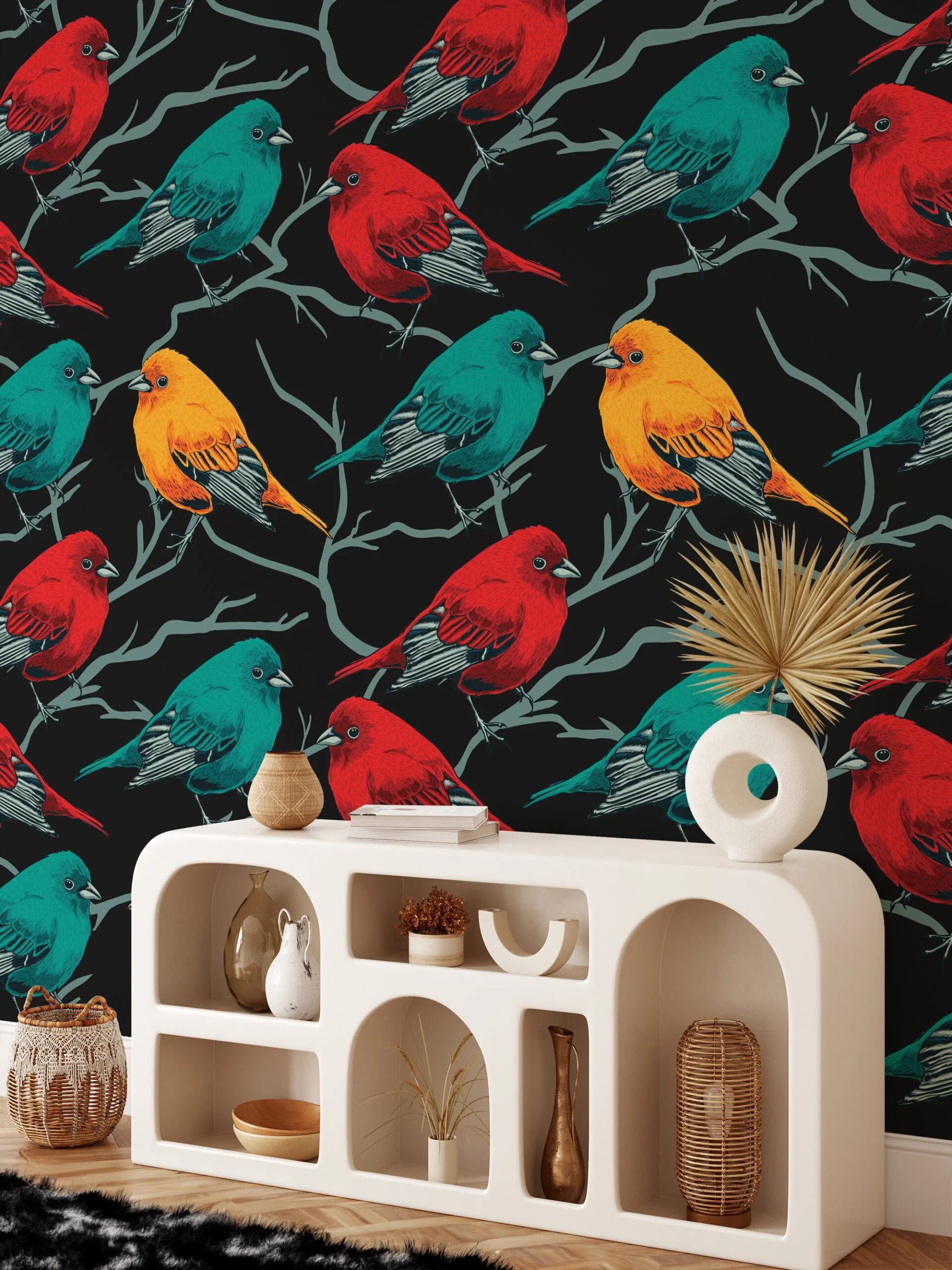 Retro Birds Pattern Wallpaper, Songbirds On Black Background Peel & Stick Wall Mural