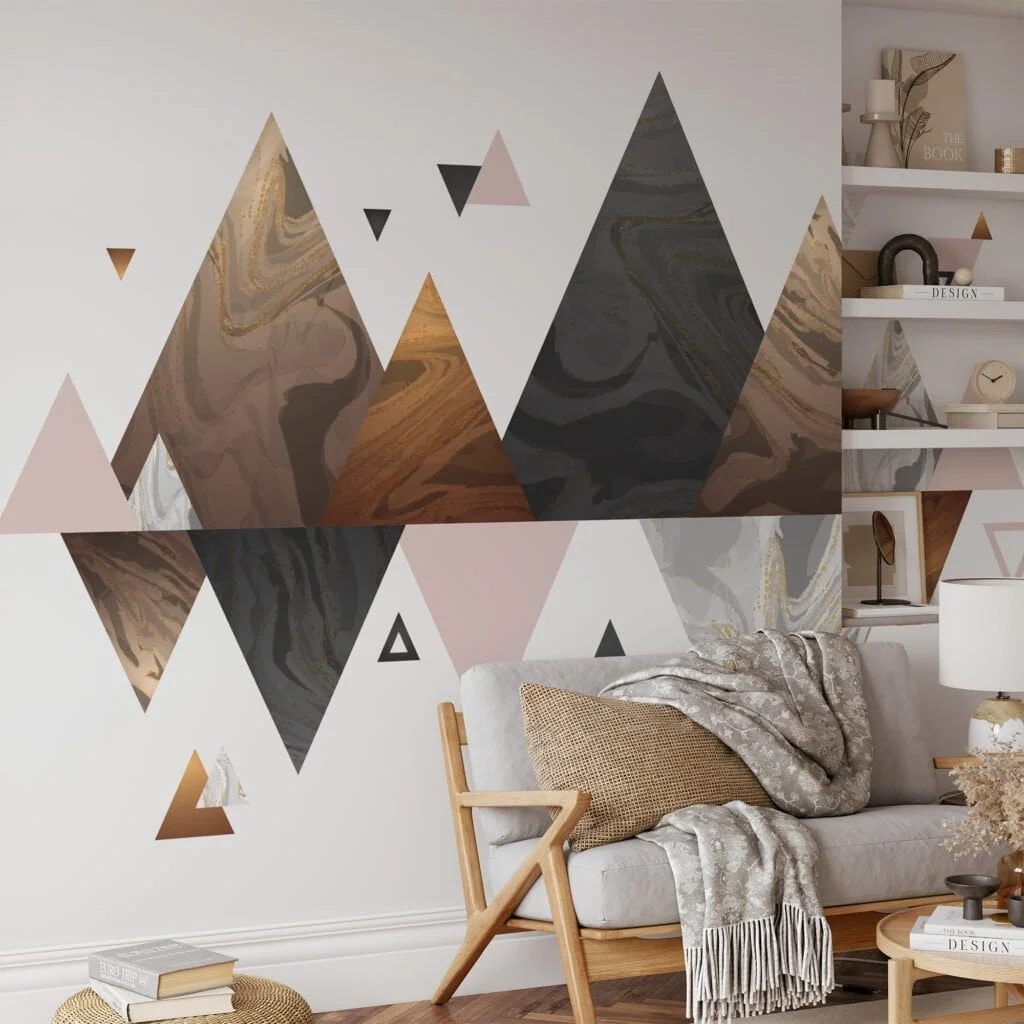 Neutral Colored Geometric Wallpaper With Abstract Mountains, Modern Gold and Black Triangle Peel & Stick Wall Mural