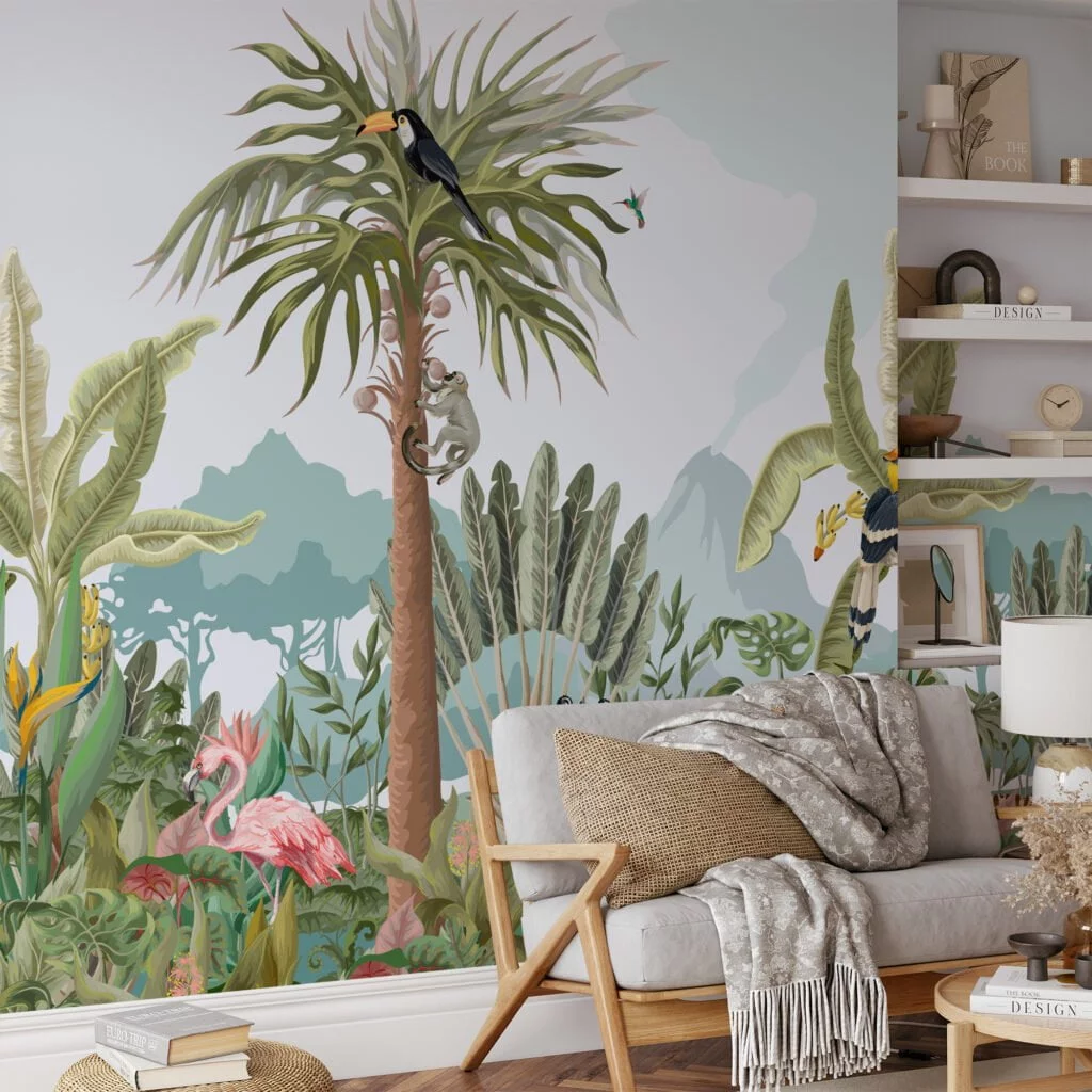 Jungle Illustration With Animals And Large Leaves Wallpaper, Tropical Rainforest Peel & Stick Wall Mural