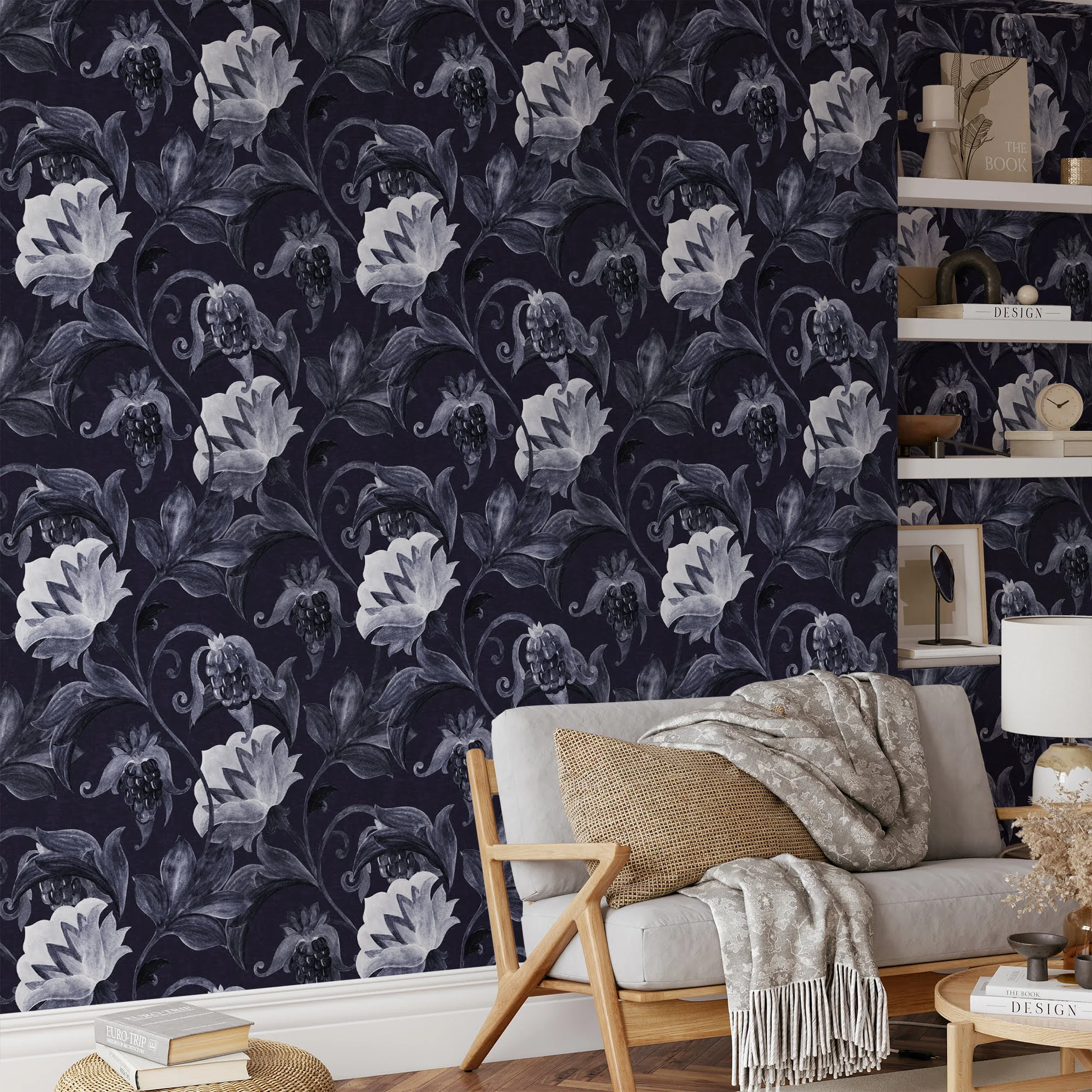 Vintage Goth Floral Drawing Style Illustration Wallpaper, Monochrome Elegance Floral Peel & Stick Wall Mural