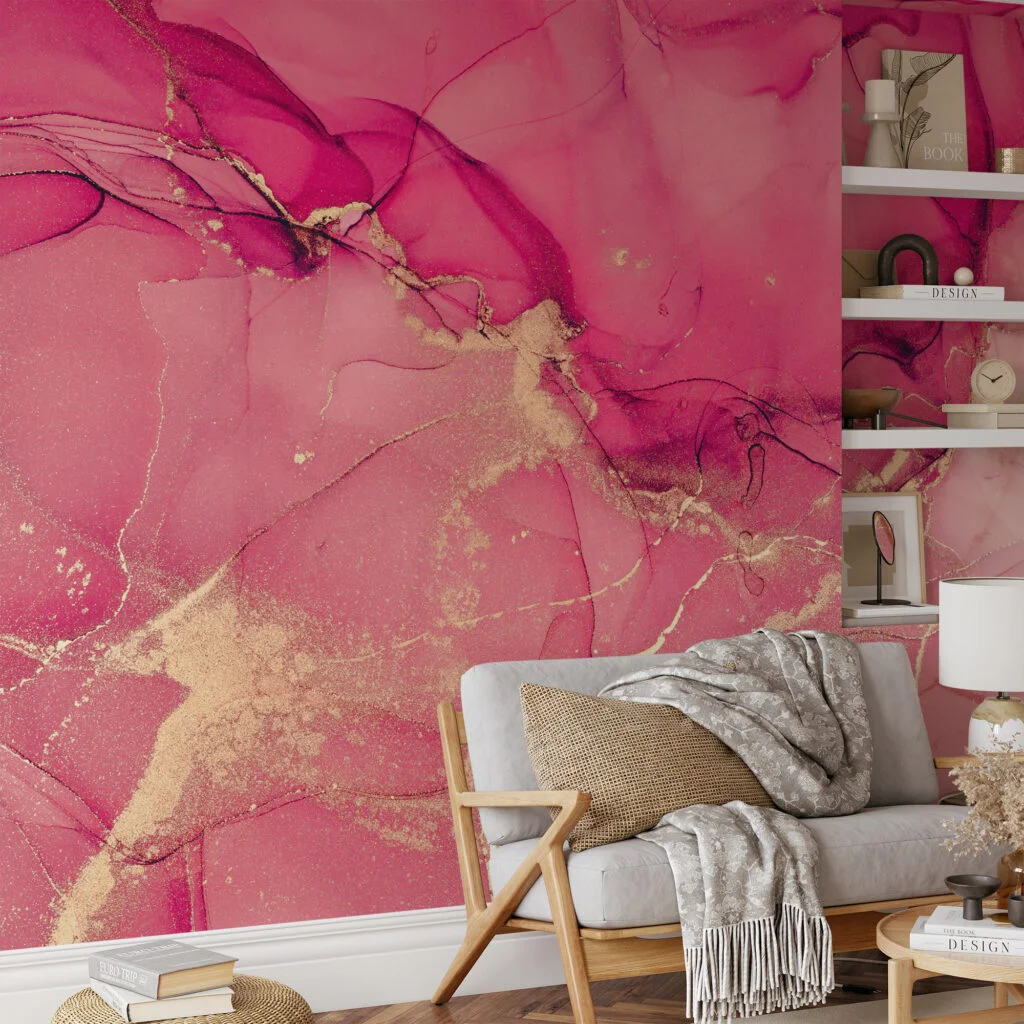 Pink Rose Gold Marble Ink Art Wallpaper, Luxe Pink And Gold Peel & Stick Wall Mural
