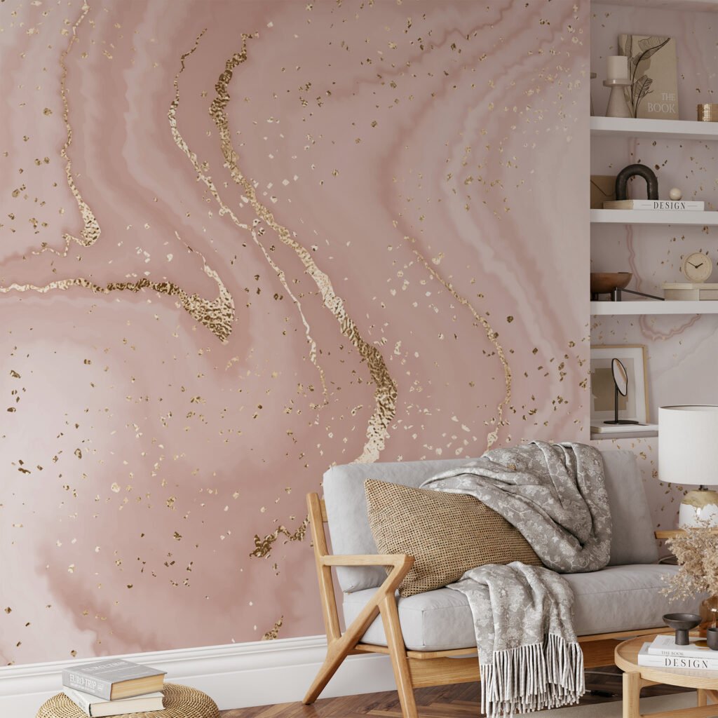 Large Beige Rose Gold Marble Swirls Illustration Wallpaper, Blush Pink Marble Peel & Stick Wall Mural