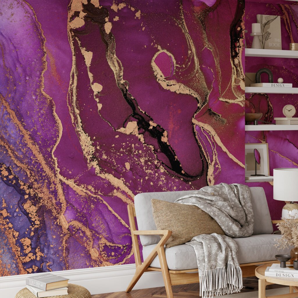 Fuchsia Pink Purple And Gold Alcohol Ink Art Marble Wallpaper, Majestic Plum & Gold Peel & Stick Wall Mural