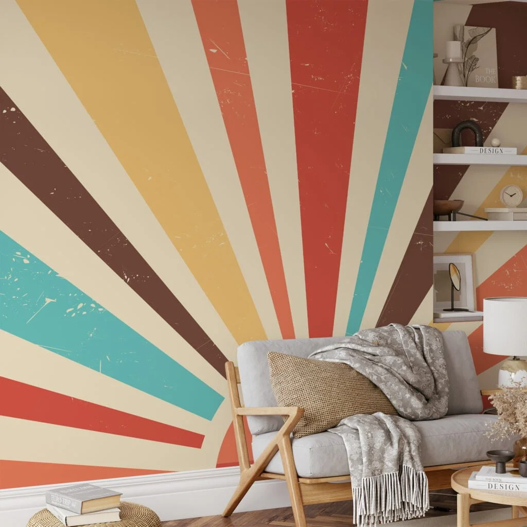 Colorful Retro Sunset Illustration Wallpaper, Abstract Sunbeam Pattern Peel & Stick Wall Mural