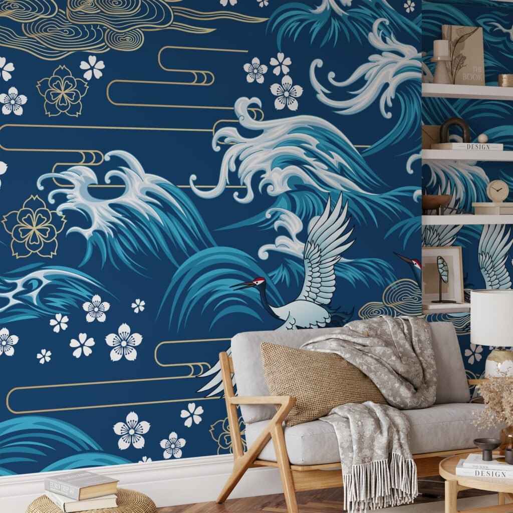 Traditional Blue Wallpaper With Large Cranes And Waves Illustration, Elegant Crane & Wave Peel & Stick Wall Mural