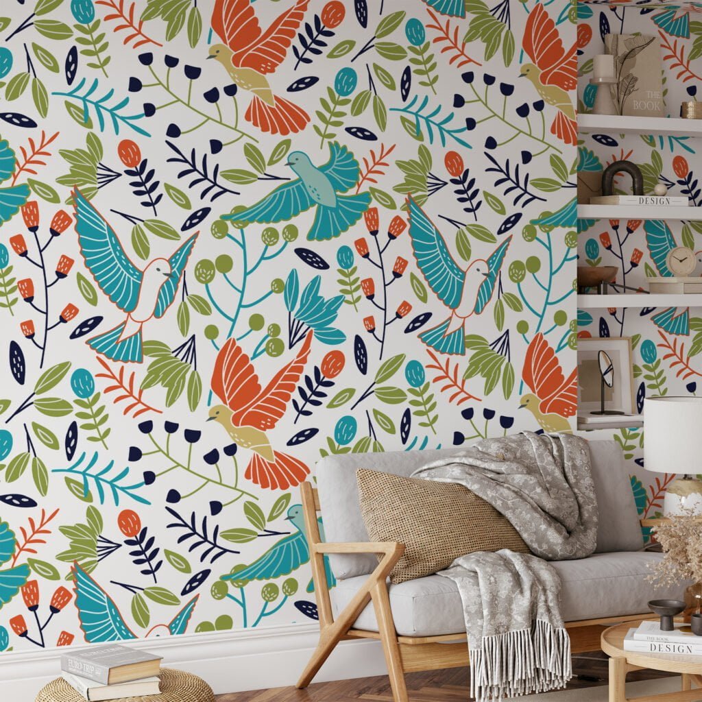 Folk Art Birds And Leaves Pattern Wallpaper, Vibrant Tropical Birds in Nature Peel & Stick Wall Mural