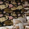 Large Gold Colored Lily Pads And Swans With A Dark Background Wallpaper, Vintage Black & Gold Elegance Peel & Stick Wall Mural