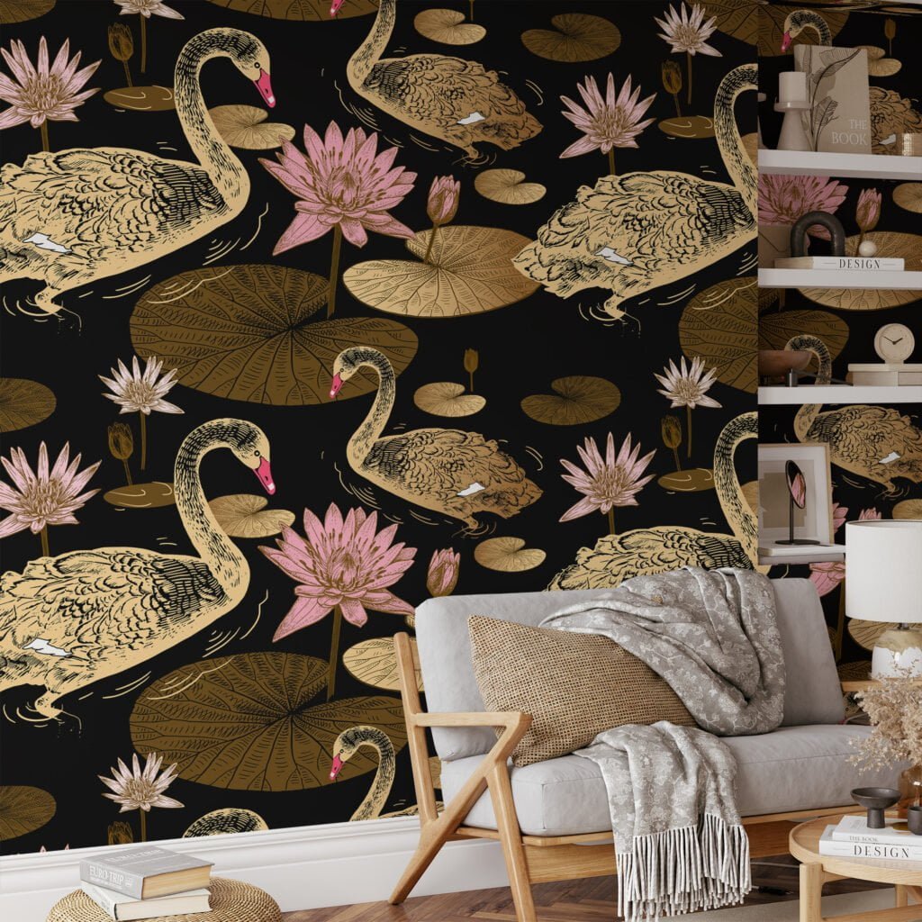 Large Gold Colored Lily Pads And Swans With A Dark Background Wallpaper, Vintage Black & Gold Elegance Peel & Stick Wall Mural