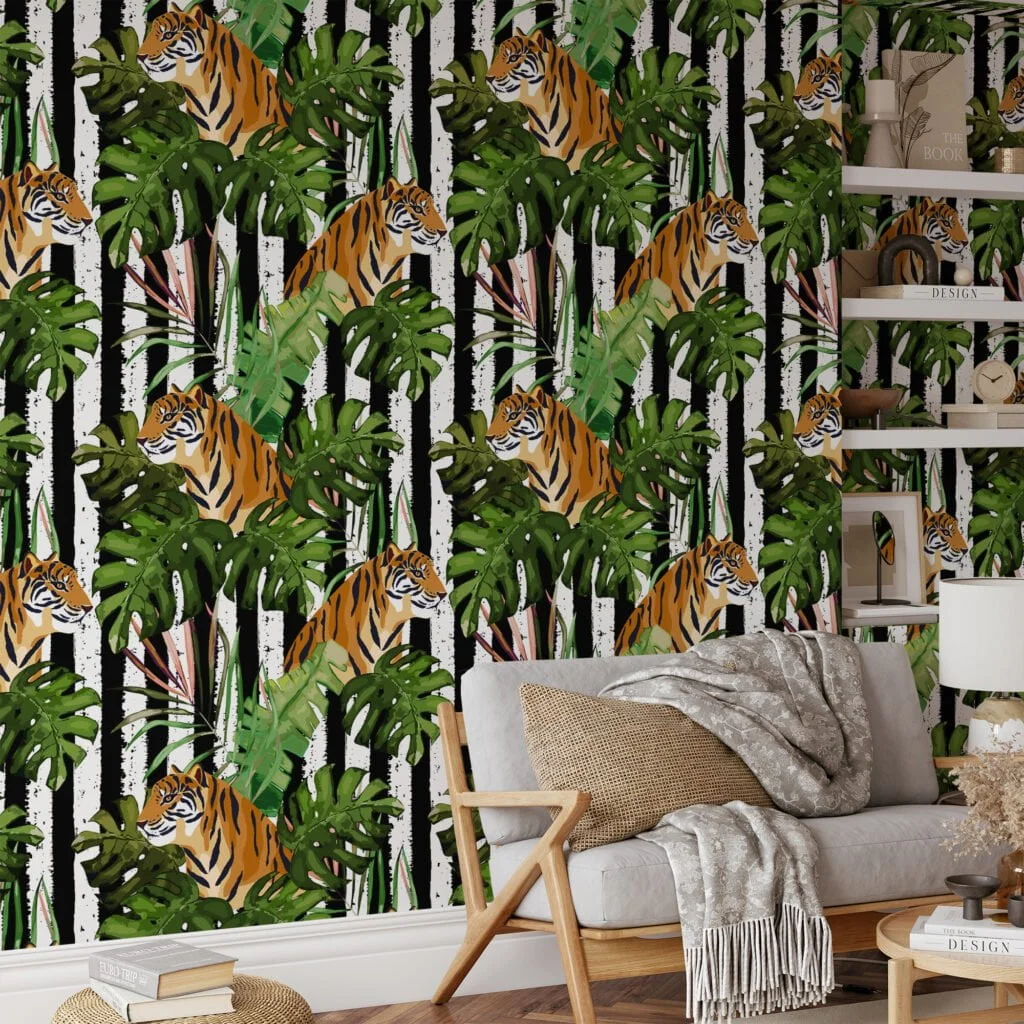 Tiger Illustration With Tropical Monstera Leaves Wallpaper, Majestic Tiger in Jungle Peel & Stick Wall Mural