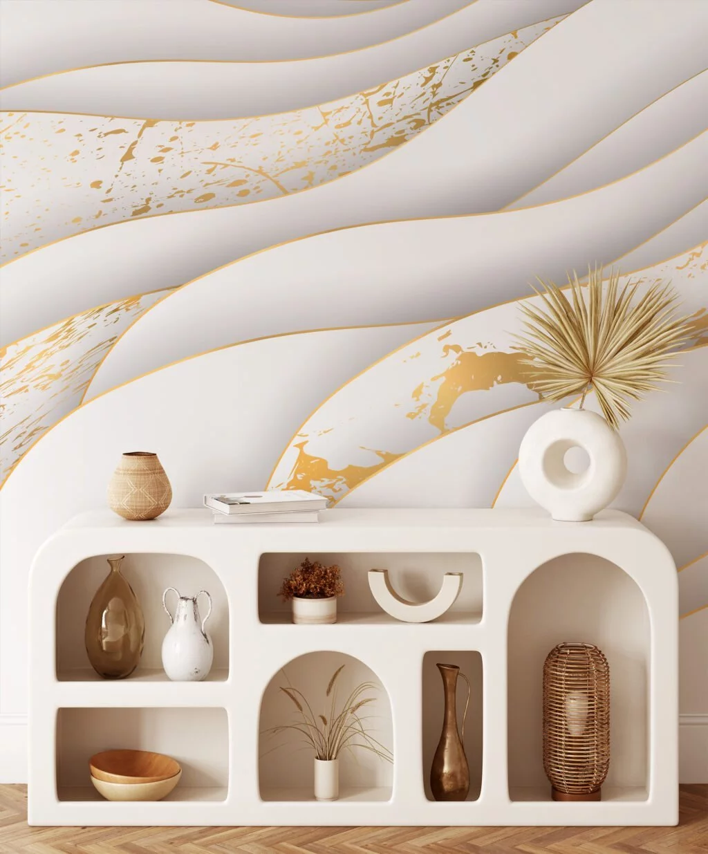 Abstract Three Dimensional Paper Effect Light Wallpaper, Elegant White and Gold Marble Peel & Stick Wall Mural