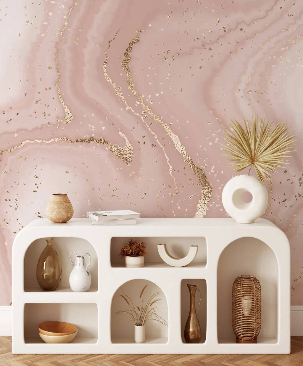 Large Beige Rose Gold Marble Swirls Illustration Wallpaper, Blush Pink Marble Peel & Stick Wall Mural
