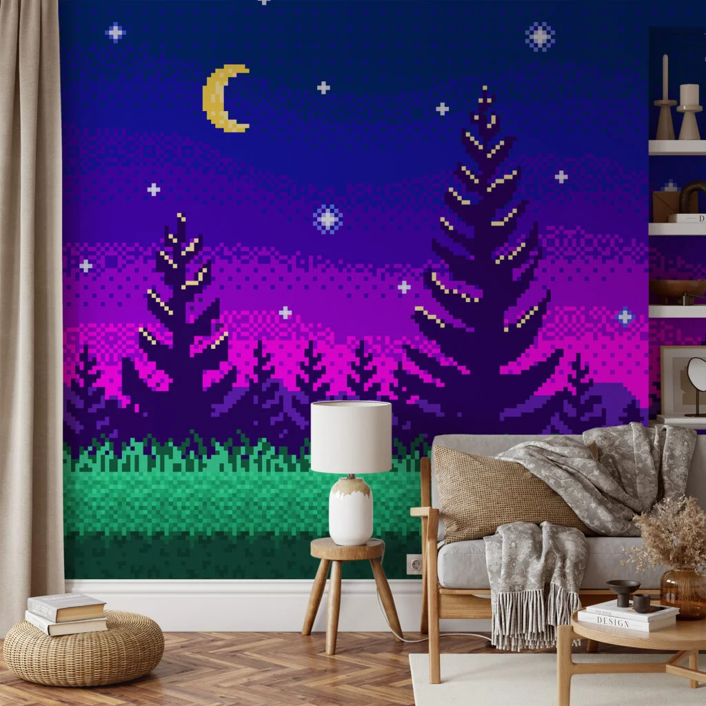 Pixel Art Night Trees With Purple Gradient Background Wallpaper, Pixelated Starry Night Forest Peel & Stick Wall Mural