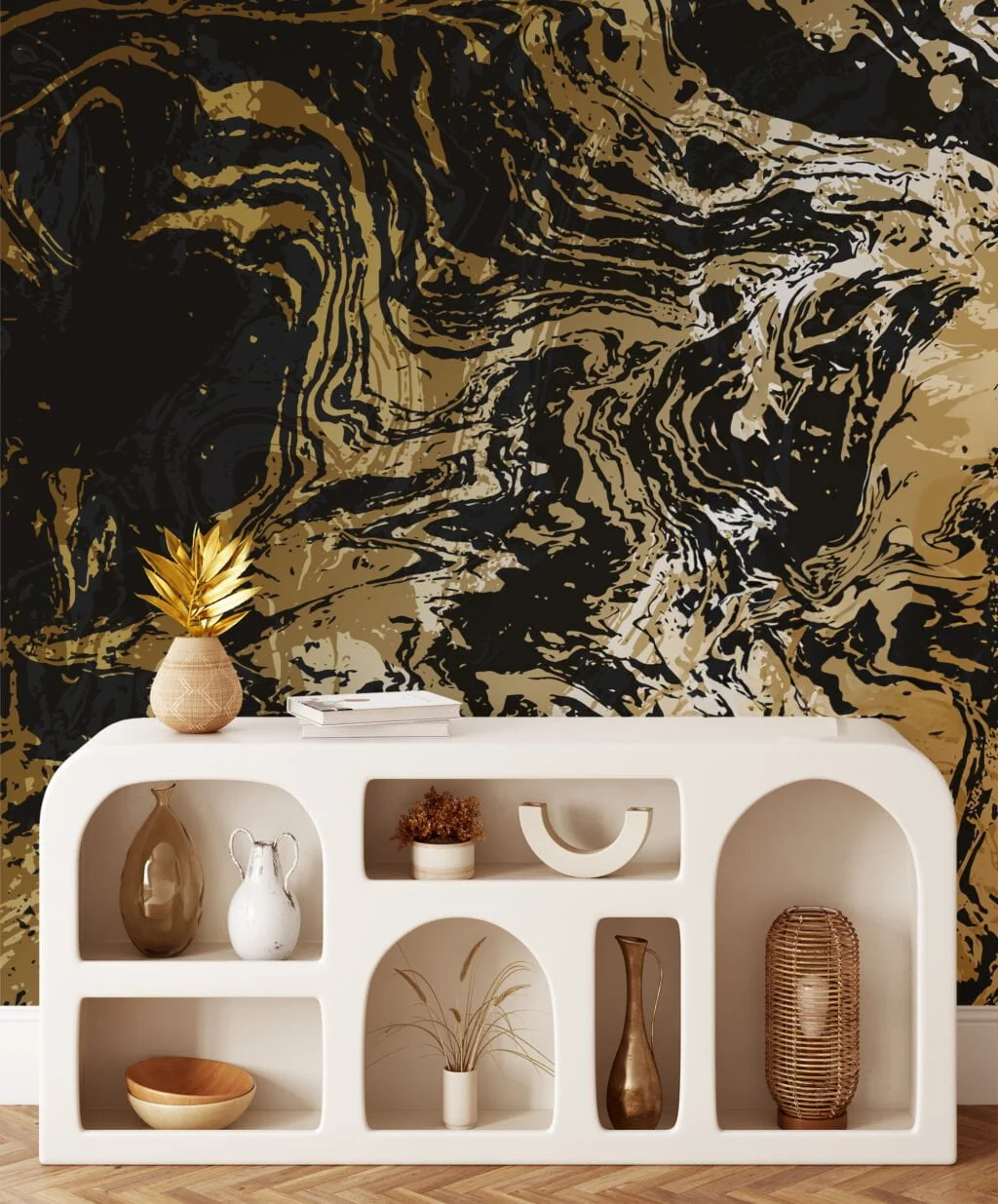 Abstract Gold And Black Marble Illustration Wallpaper, Luxury Peel & Stick Wall Mural