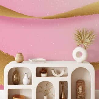 Large Pink Background With Golden Waves and Sparks Wallpaper, Luxury Abstract Peel & Stick Wall Mural