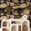Large Gold Colored Lily Pads And Swans With A Dark Background Wallpaper, Vintage Black & Gold Elegance Peel & Stick Wall Mural