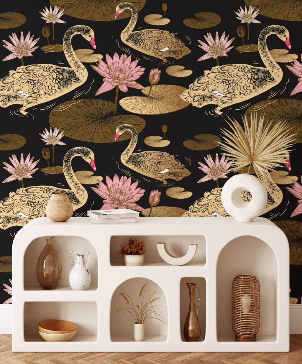 Large Gold Colored Lily Pads And Swans With A Dark Background Wallpaper, Vintage Black & Gold Elegance Peel & Stick Wall Mural