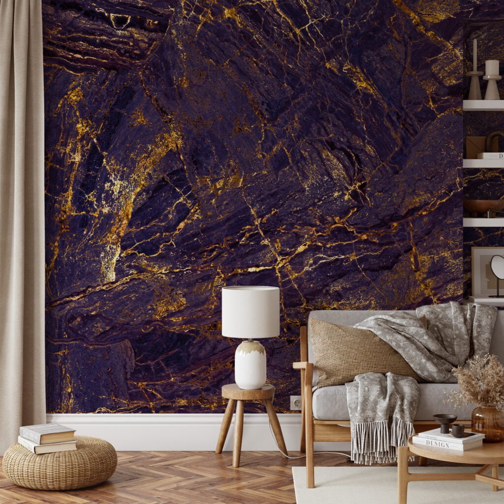 Bright Contrasted Stone Textured Wallpaper, Luxe Gold Veined Marble Peel & Stick Wall Mural