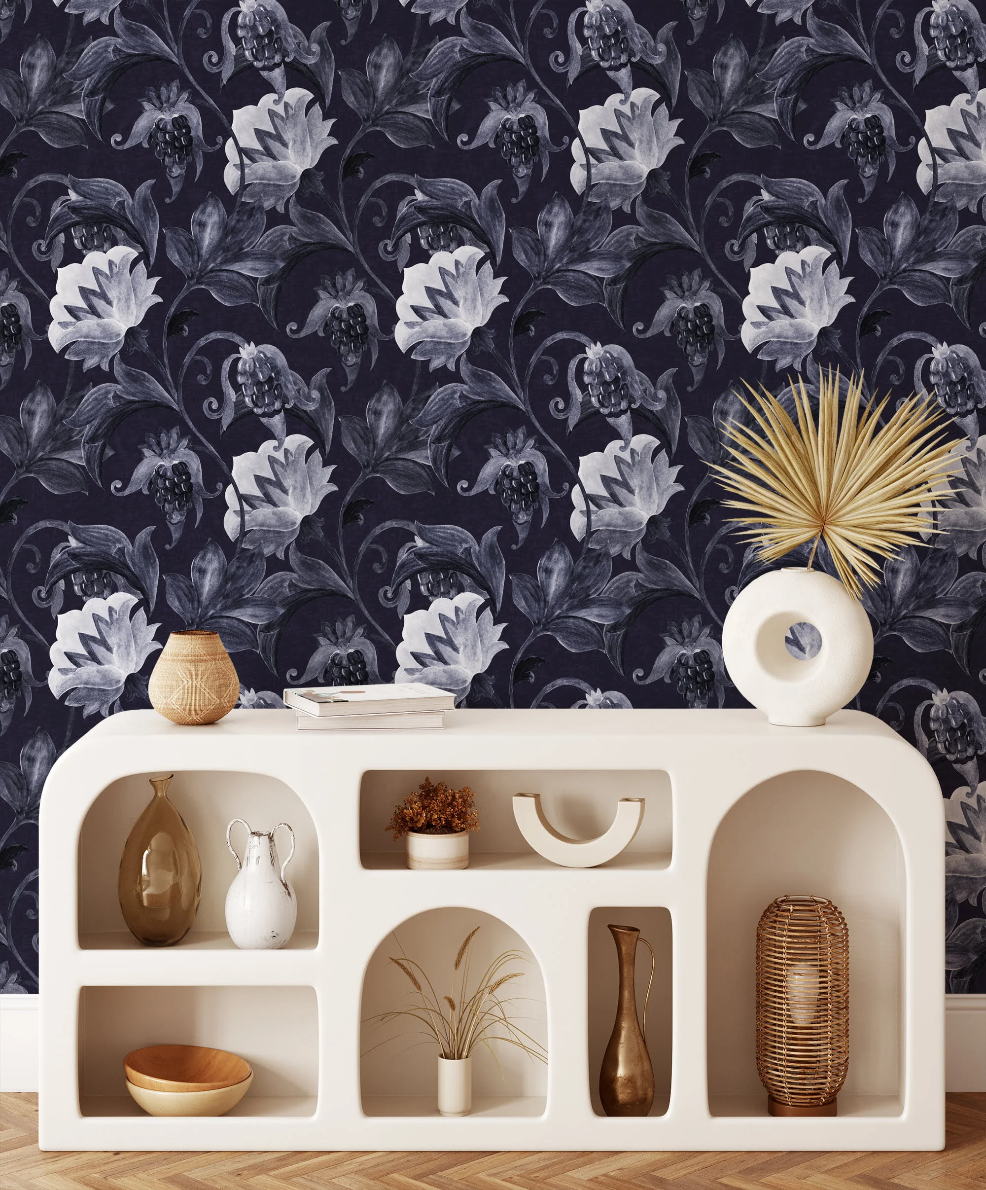 Vintage Goth Floral Drawing Style Illustration Wallpaper, Monochrome Elegance Floral Peel & Stick Wall Mural