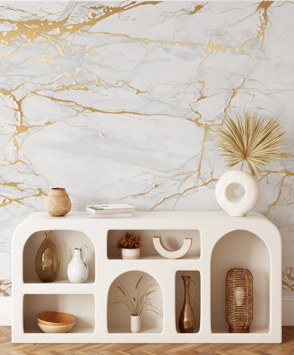 Gold And White Marble Wallpaper, Luxurious Faux Marble Illustration Peel & Stick Wall Mural