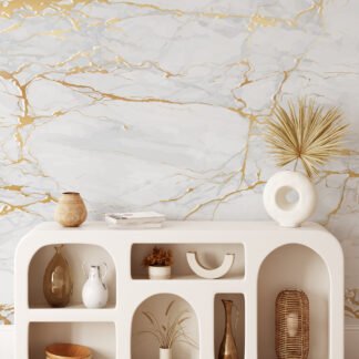 Gold And White Marble Wallpaper, Luxurious Faux Marble Illustration Peel & Stick Wall Mural