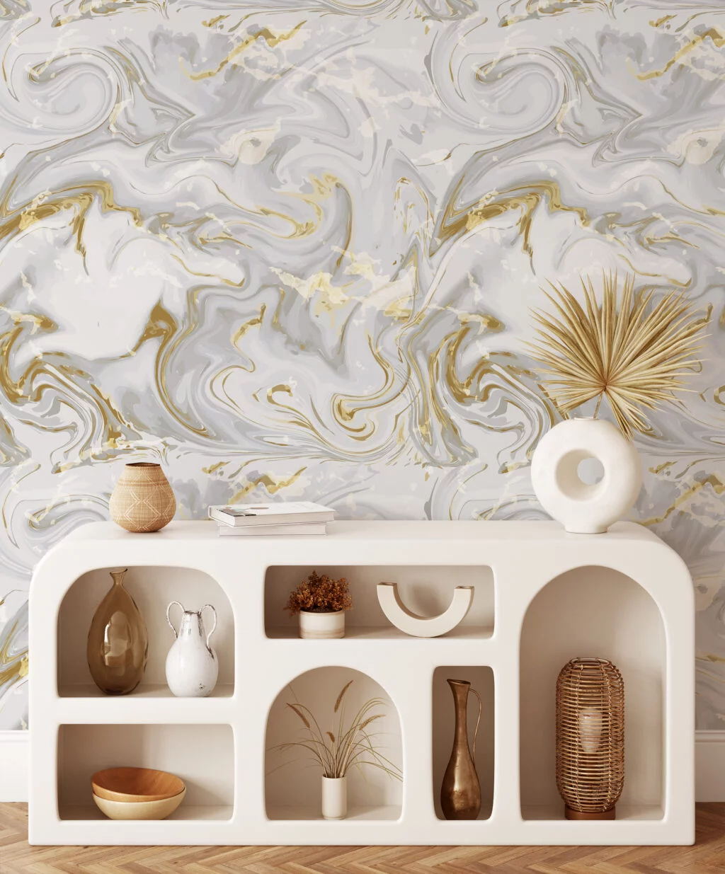 Swirly Abstract Marble Illustration Wallpaper, Classic White and Gold Peel & Stick Wall Mural