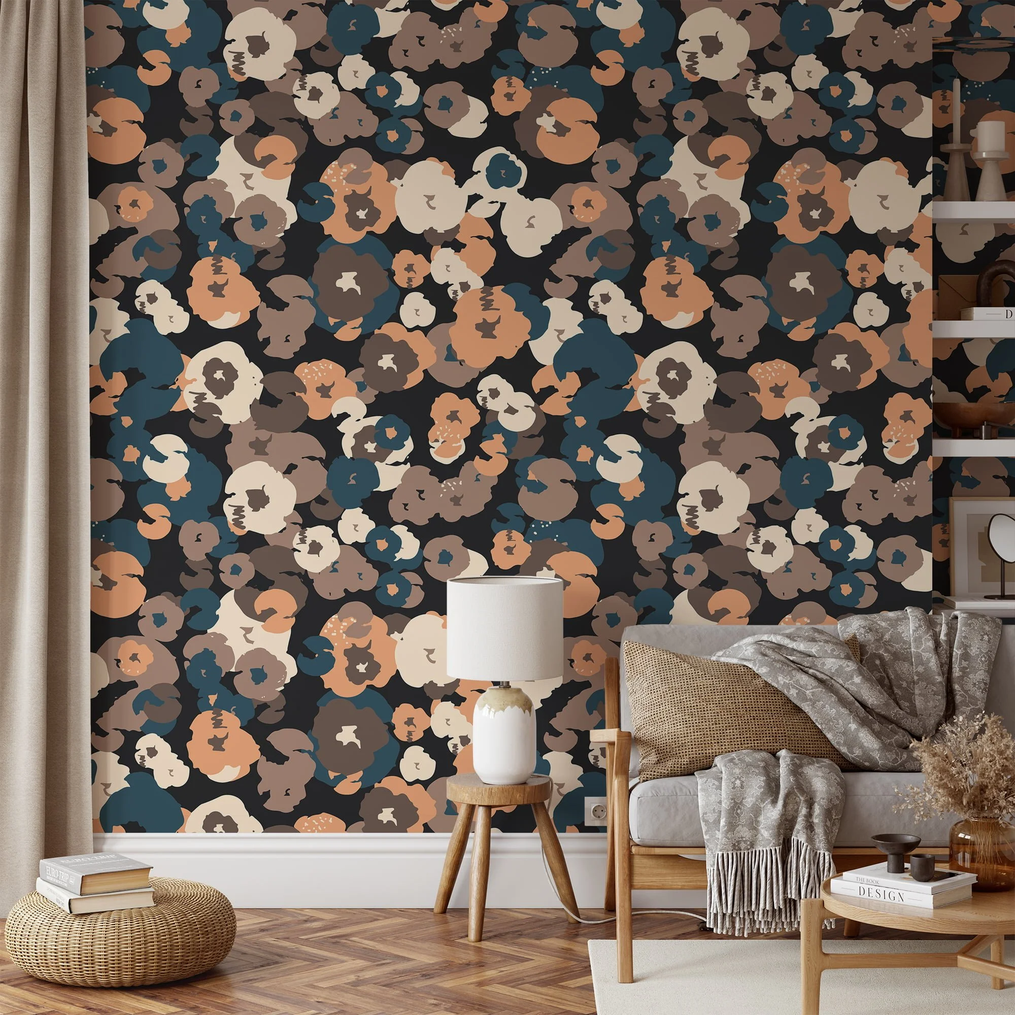 Abstract Floral Shaped Design Wallpaper, Chic Navy & Earth Tones Peel & Stick Wall Mural
