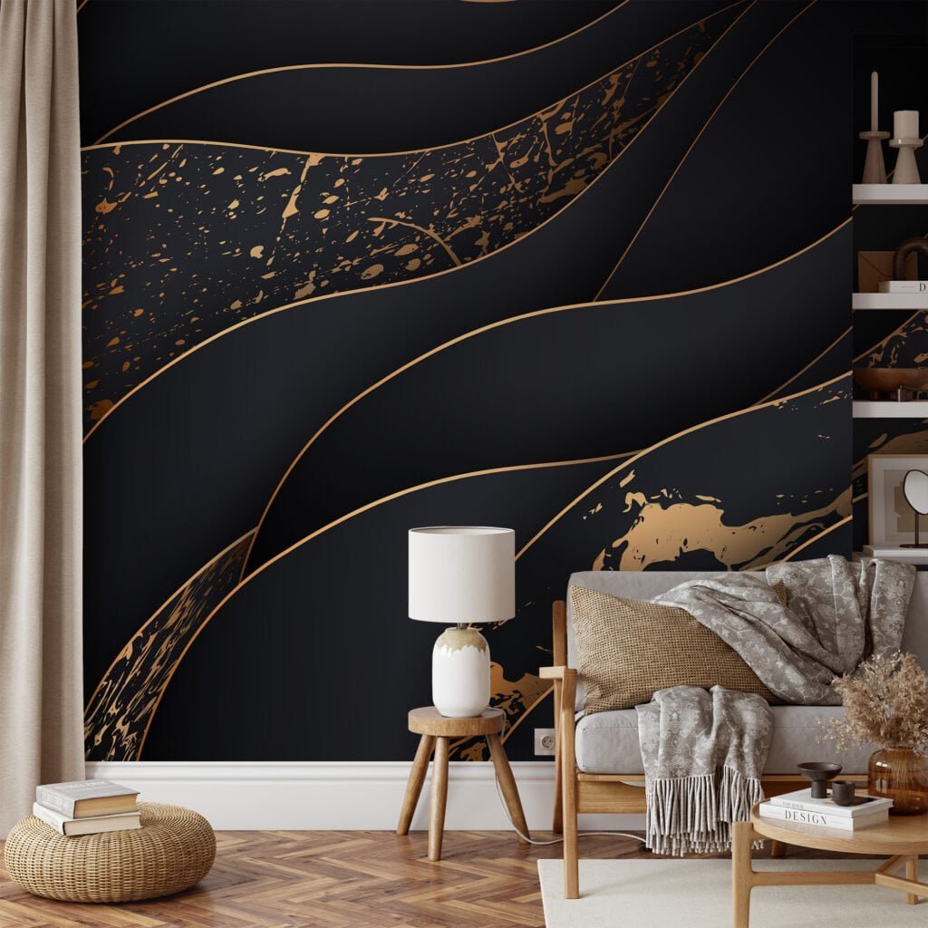 Abstract Three Dimensional Paper Effect Dark Wallpaper, Opulent Wavy Design Peel & Stick Wall Mural