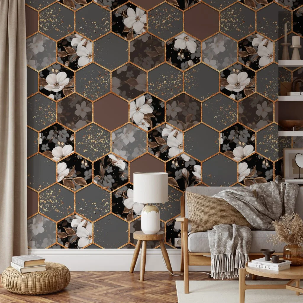 Grey And Brown Floral Hexagon Geometric Tiles Illustration Wallpaper, Elegant Flowers Peel & Stick Wall Mural