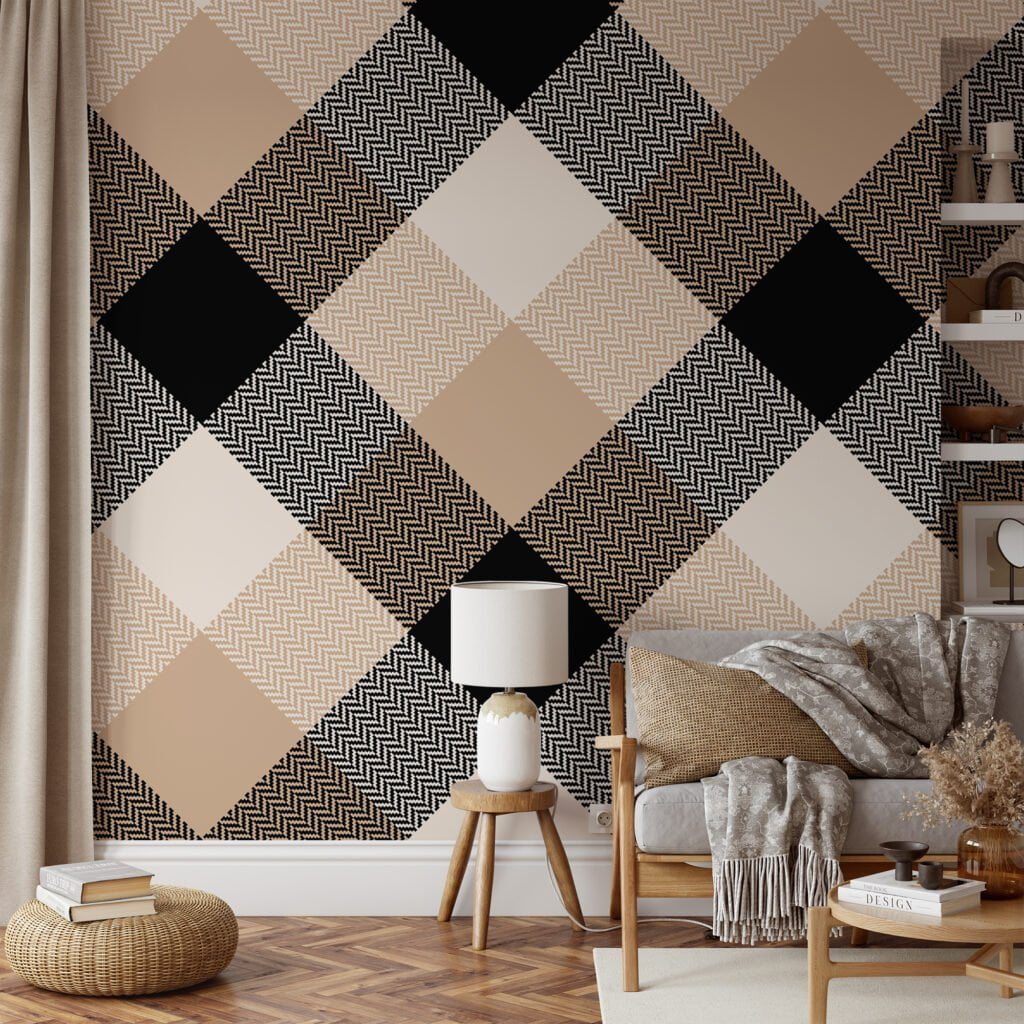 Beige And Black Checker Illustration Wallpaper, Contemporary Neutral Geometric Peel & Stick Wall Mural