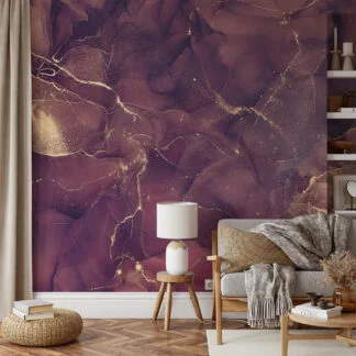 Shades of Purple And Gold Marble Ink Art Wallpaper, Abstract Gold Vein Peel & Stick Wall Mural