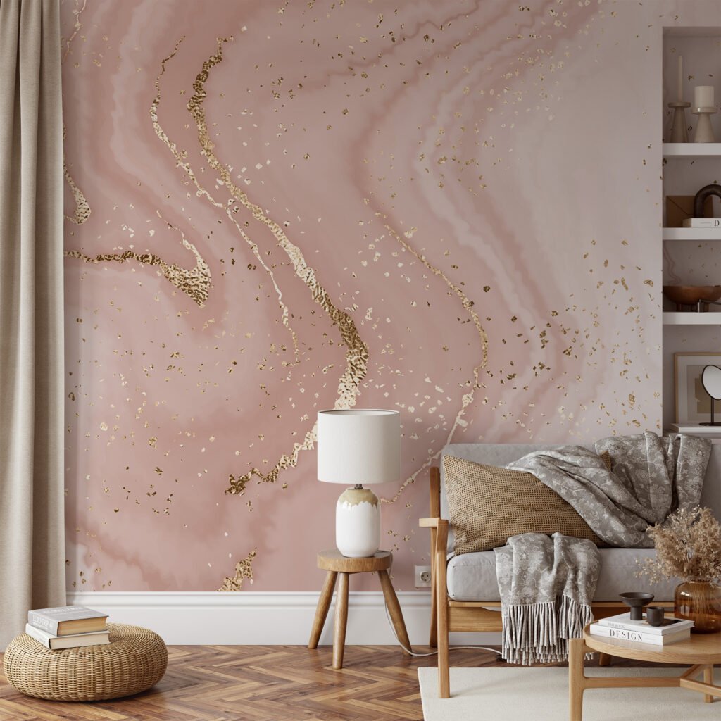 Large Beige Rose Gold Marble Swirls Illustration Wallpaper, Blush Pink Marble Peel & Stick Wall Mural