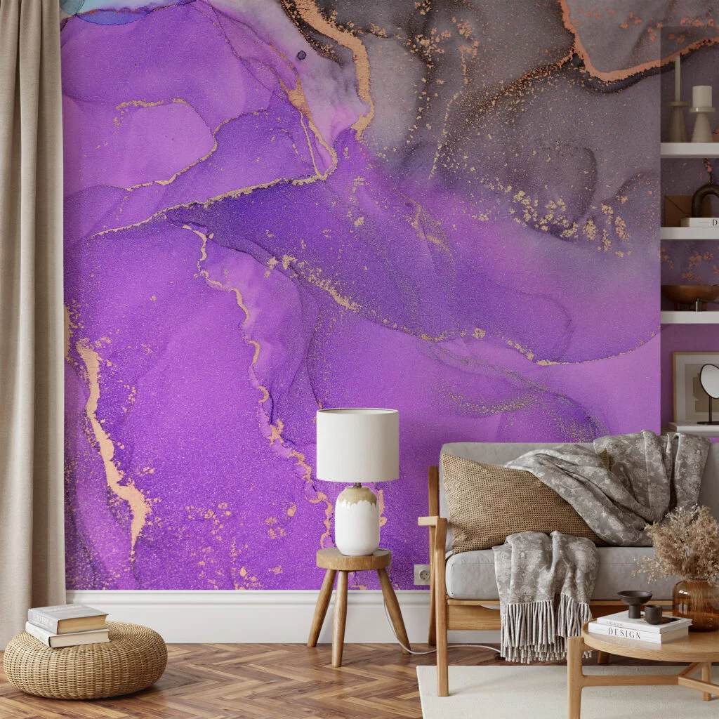Bright Purple And Brown Alcohol Ink Art Marble Wallpaper, Vibrant Amethyst Marble Peel & Stick Wall Mural