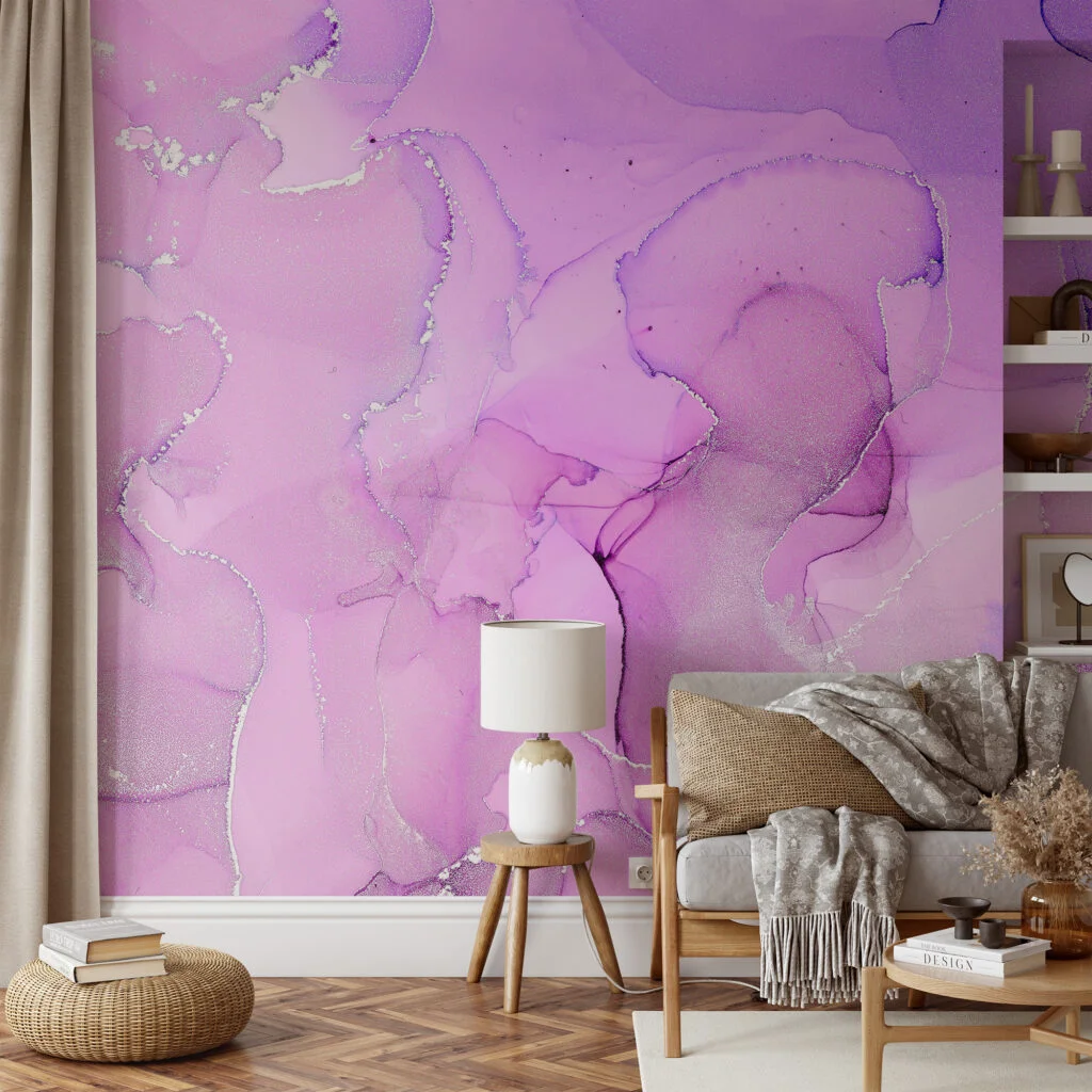 Pink Purple Alcohol Ink Art Marble Wallpaper, Lush Pink Peel & Stick Wall Mural