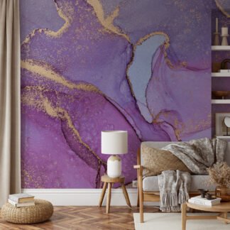 Pink Purple Gold Alcohol Ink Art Marble Wallpaper, Gilded Lavender Marble Peel & Stick Wall Mural