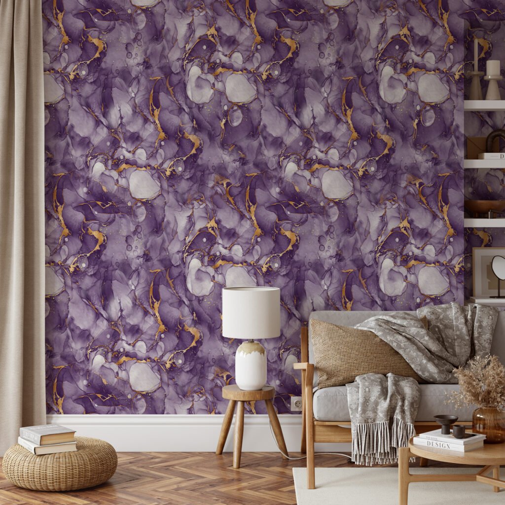 Purple And Gold Alcohol Ink Art Marble Wallpaper, Ethereal Purple Marble Peel & Stick Wall Mural
