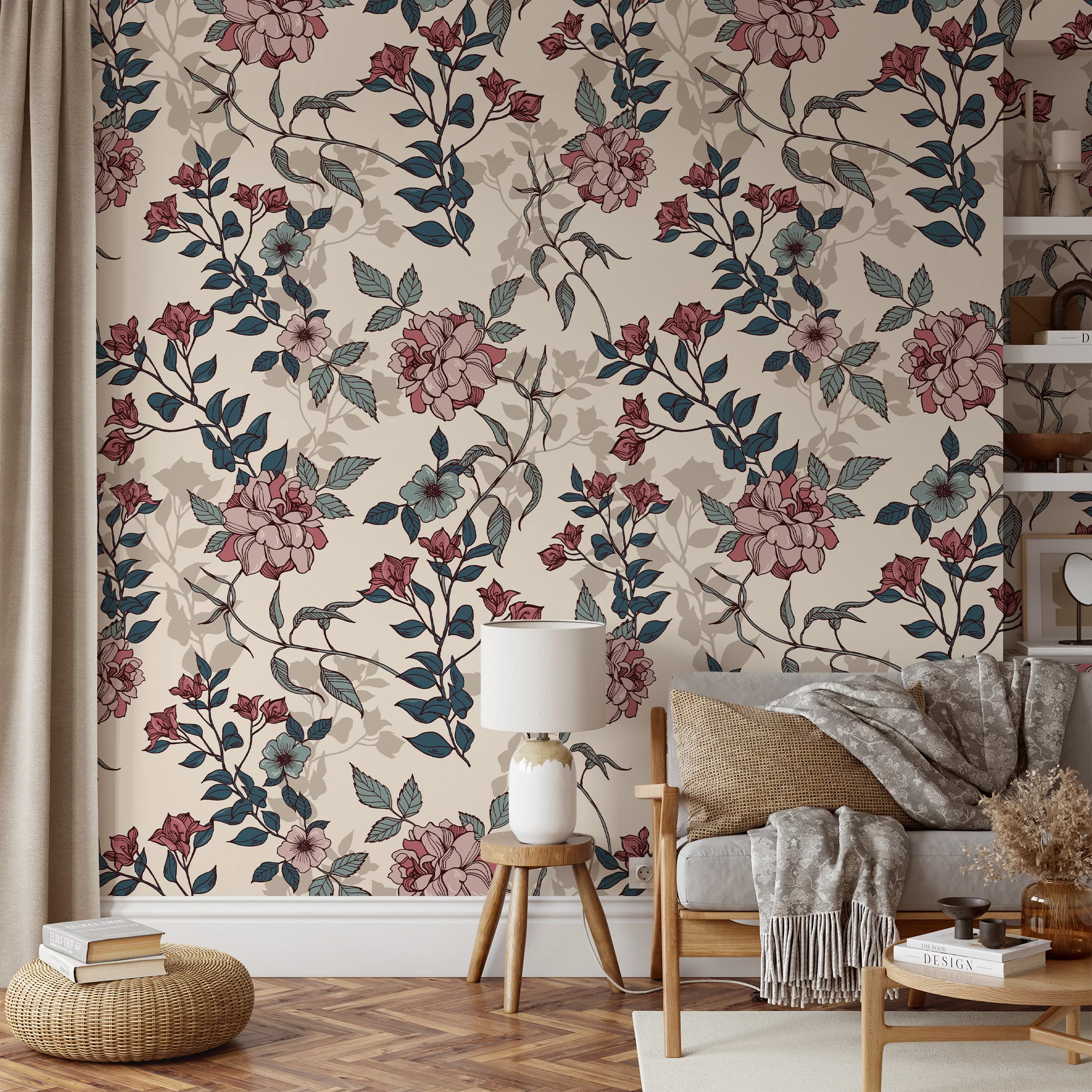 Vintage Flowers Illustration Pattern Wallpaper, Vintage Floral Charm Peel & Stick Wall Mural