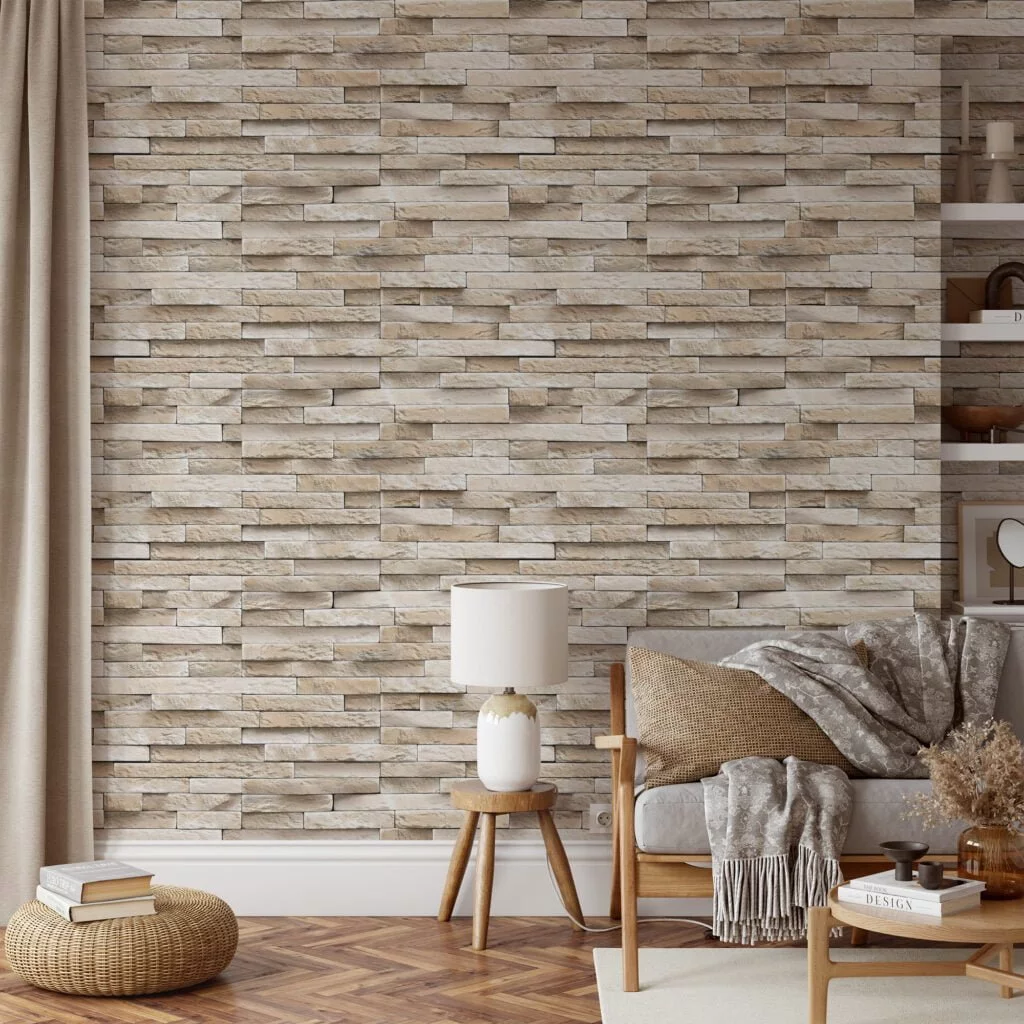 Beige Stone Brick Wall Wallpaper, Classic Limestone Brick Faux Peel & Stick Wall Mural