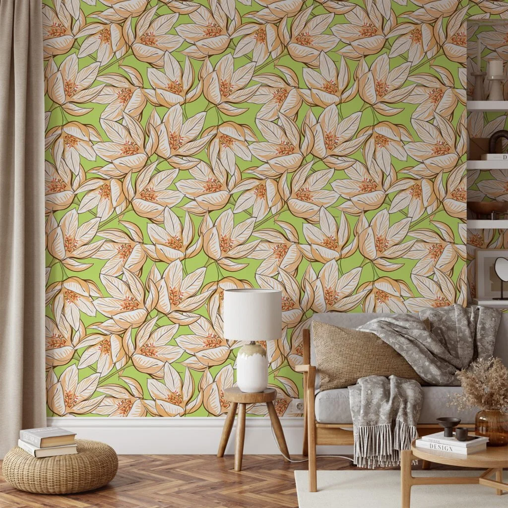 Retro Style Floral Line Art Wallpaper With A Green Background, Spring Blossom Elegance Peel & Stick Wall Mural