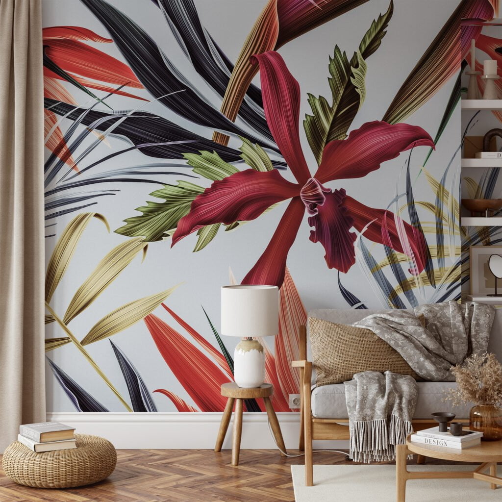 Large Pantone Tropical Flowers Wallpaper, Modern Tropical Abstract Peel & Stick Wall Mural