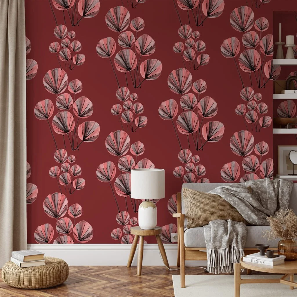 Hand Drawn Abstract Red Dandelions Illustration Wallpaper, Stylish Botanical Elegant Peel & Stick Wall Mural