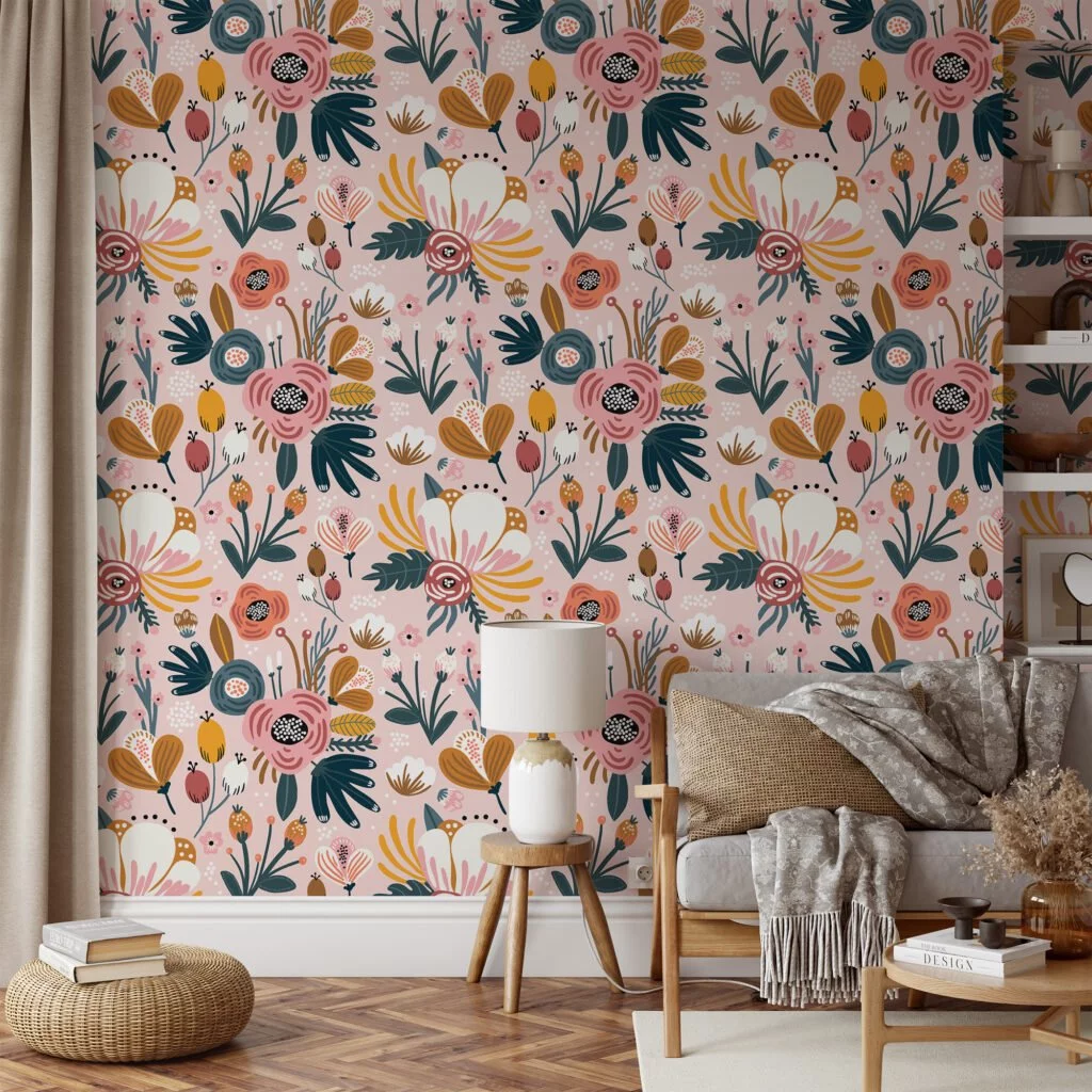 Cute Flat Art Abstract Pink Floral Design Illustration Wallpaper, Elegant Vintage Floral Peel & Stick Wall Mural