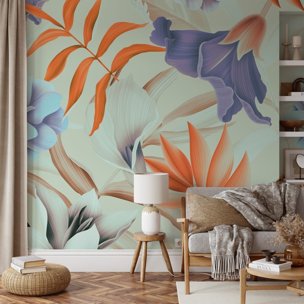 Blooming Beige And Purple Flowers With Orange Leaves Wallpaper, Abstract Blossoms Peel & Stick Wall Mural