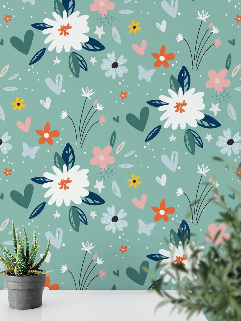 Floral Flat Art Heart Design Pattern Illustration Wallpaper, Delightful Spring Peel & Stick Wall Mural