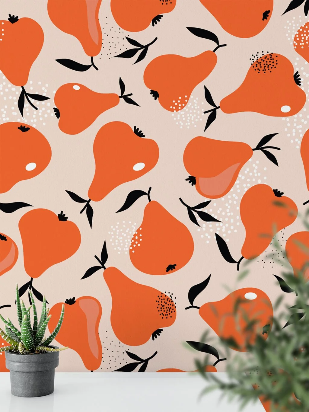 Simple Orange Pears Pattern Illustration Wallpaper, Abstract Autumn Pears Peel & Stick Wall Mural